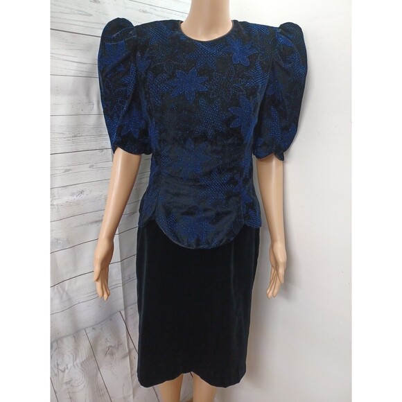 Vtg Scott McClintock Velvet Dress 10 Black Blue Glitter 90s Open Back Scalloped - Picture 1 of 11
